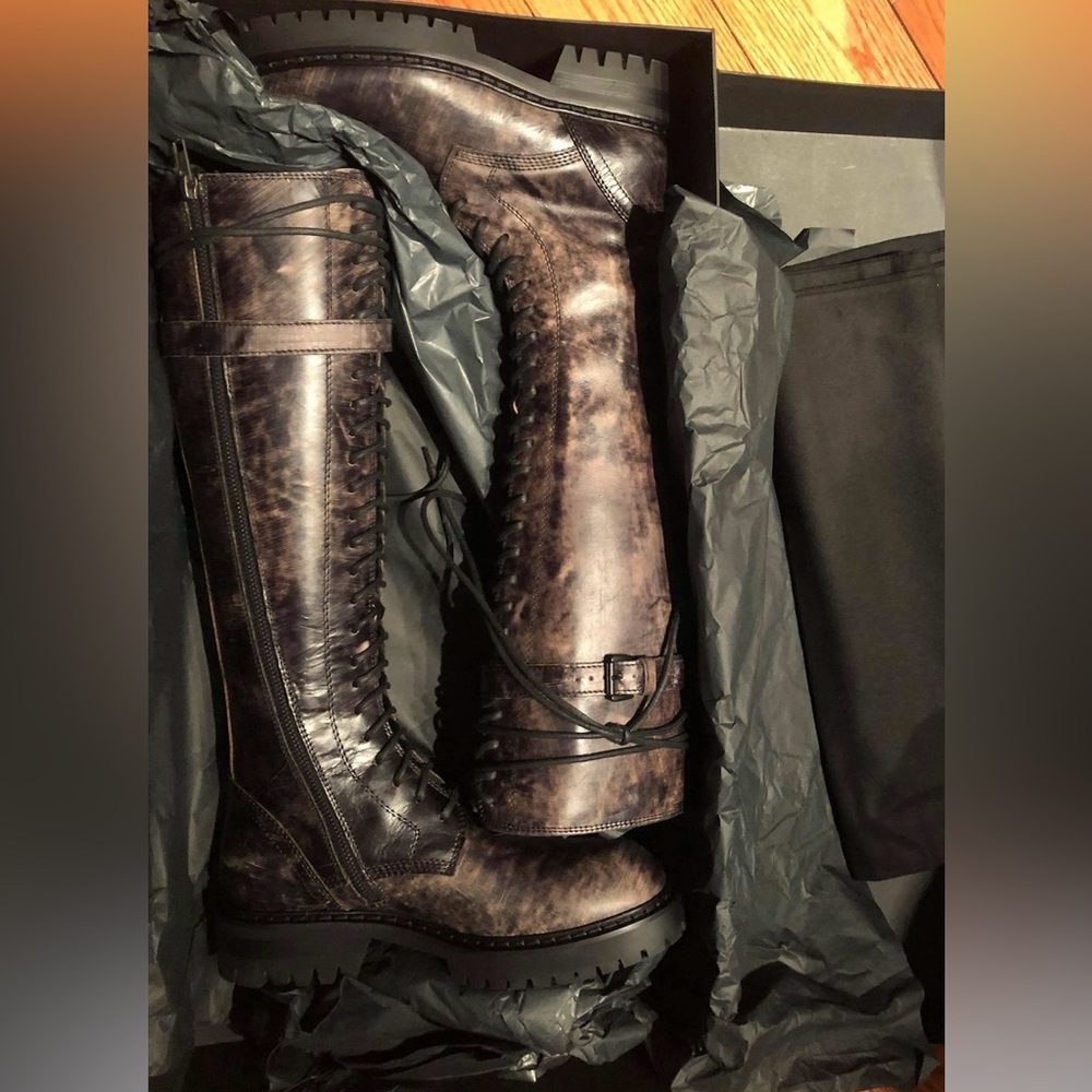 New in box special edition Ann demeulemeester distressed leather knee high boots